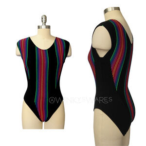 Vintage 80s Leotard Bodysuit Size S Aerobics Dance Black Rainbow Fame Aerobics